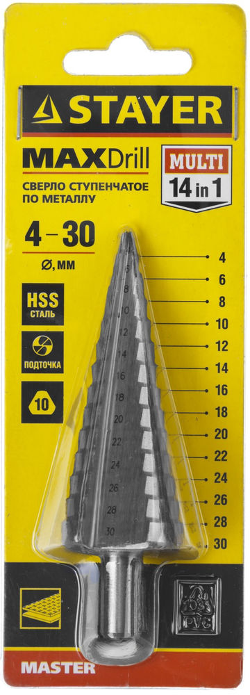Сверло ступенчатое 4-30 мм, 14 ступеней, сталь HSS STAYER 29660-4-30-14