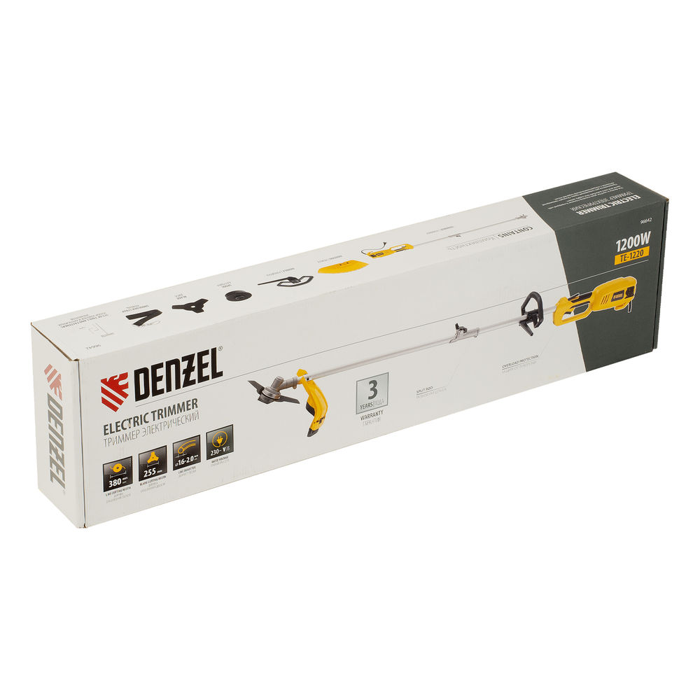 Триммер электрический TE-1220, 1200 Вт, 380 мм, катушка, диск, разборная штанга Denzel (96642)