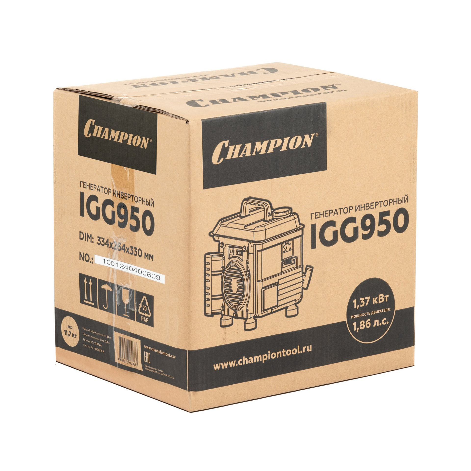 Генератор CHAMPION IGG950 (0,8/0,9кВт 1,86лс 2Т 2,2л 12В 11,7кг) (IGG950)