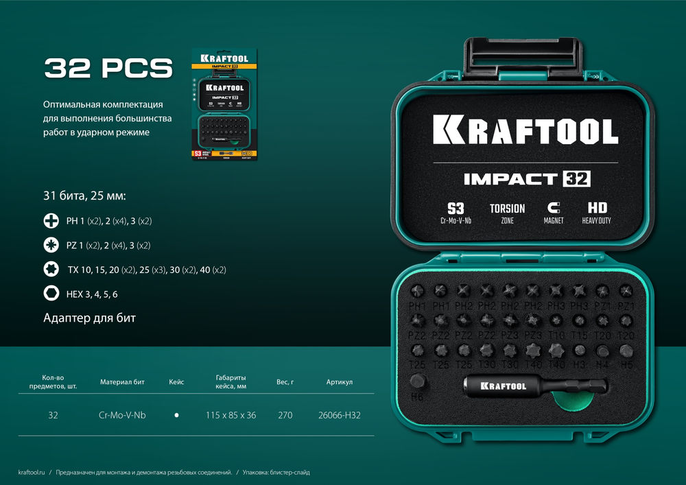 Набор ударных бит Impact-32, 32 шт KRAFTOOL 26066-H32