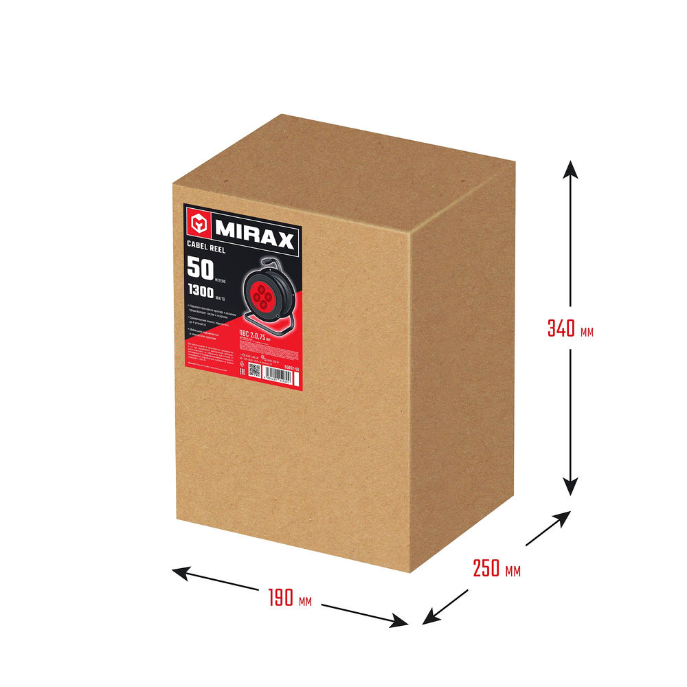 Удлинитель на катушке 2 х 0.75 мм? 50 м ПВС 1300 Вт MIRAX 55052-50