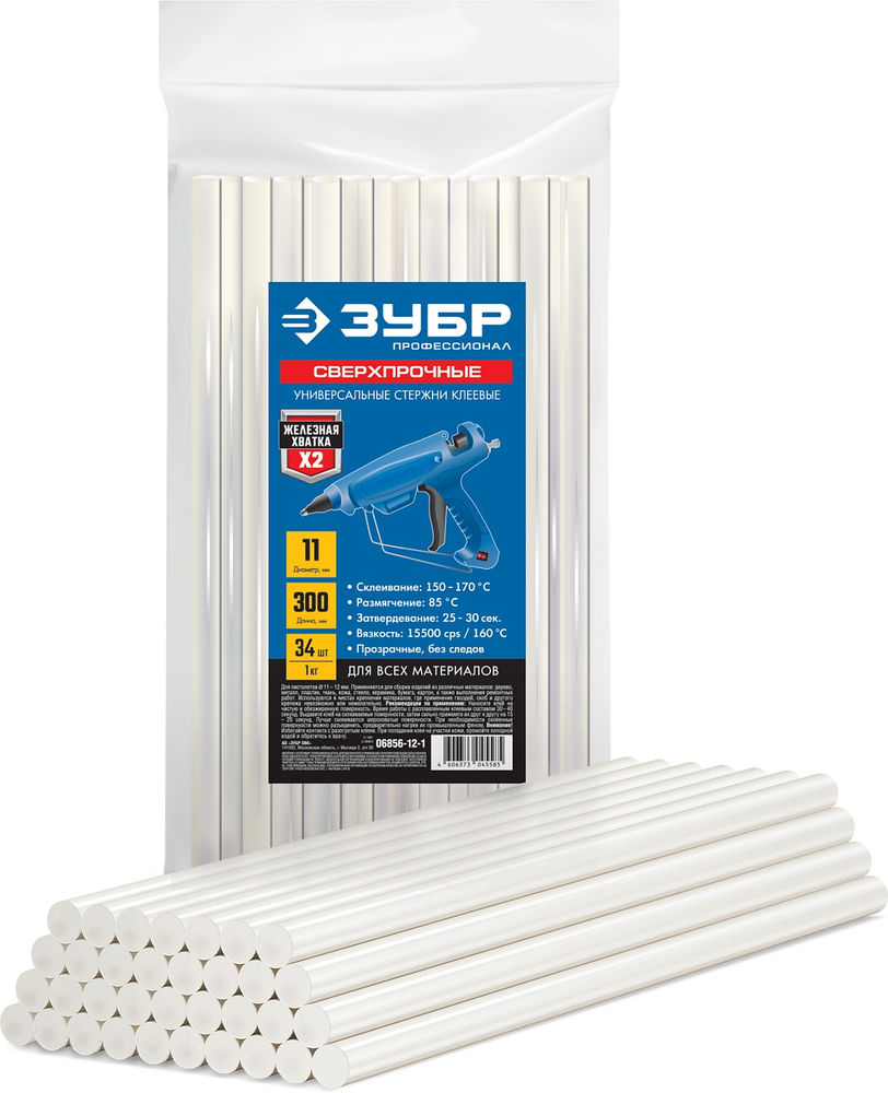 Клеевые стержни 11?300 мм сверхпрочные прозрачные 34 шт ЗУБР Профессионал 06856-12-1