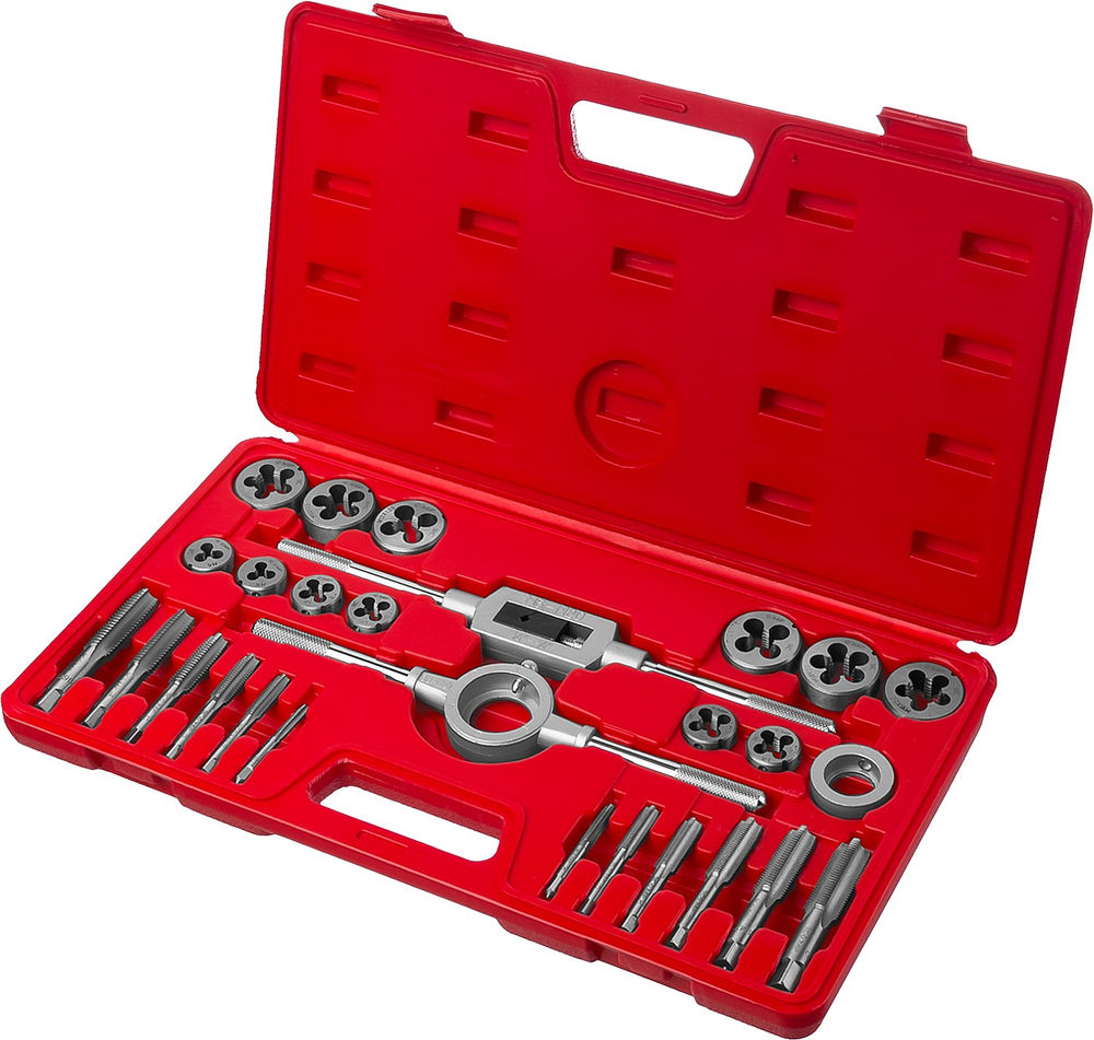 Набор метчиков и плашек 27 предм. сталь 9ХС в пластиковом боксе ЗУБР 28123-H27