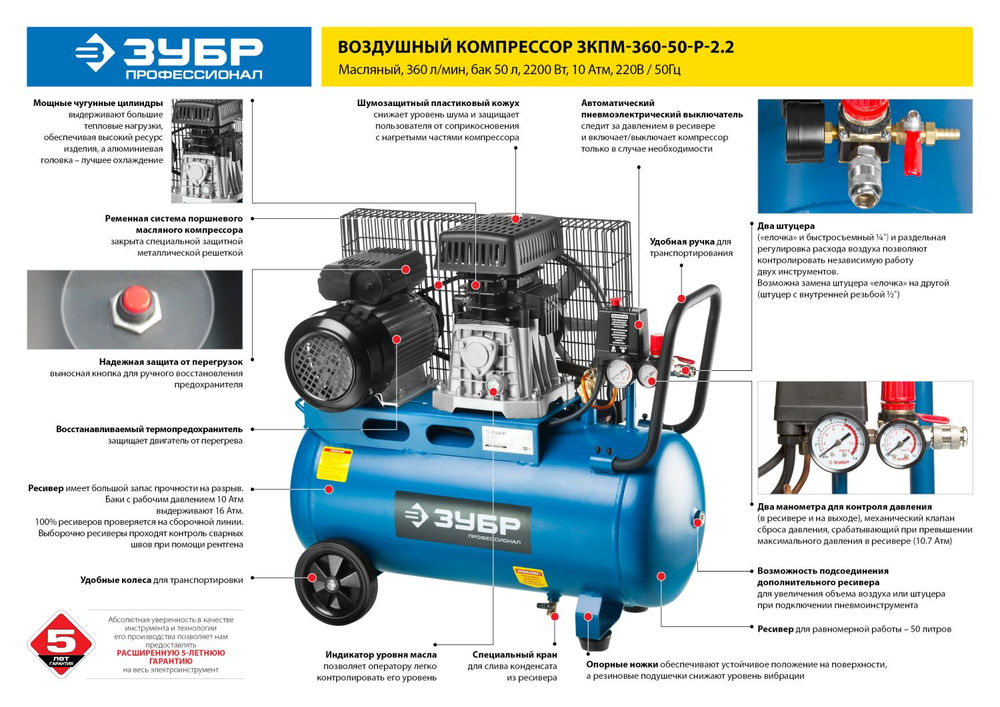 Компрессор масляный ременной 360 л/мин, 50 л, 2200 Вт ЗУБР Профессионал ЗКПМ-360-50-Р-2.2  
