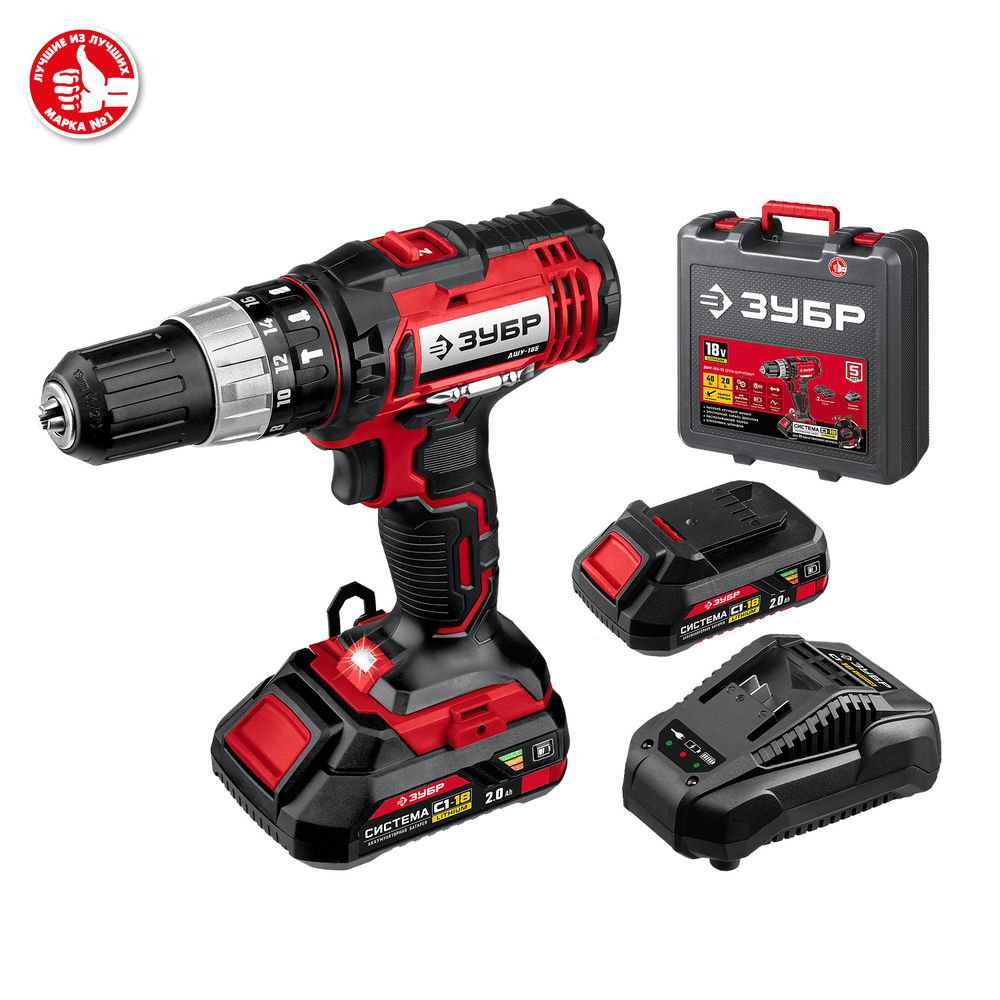 Ударная дрель-шуруповерт 18 В 40 Н·м 2 АКБ 2 А·ч кейс ЗУБР С1-18 ДШУ-185-22