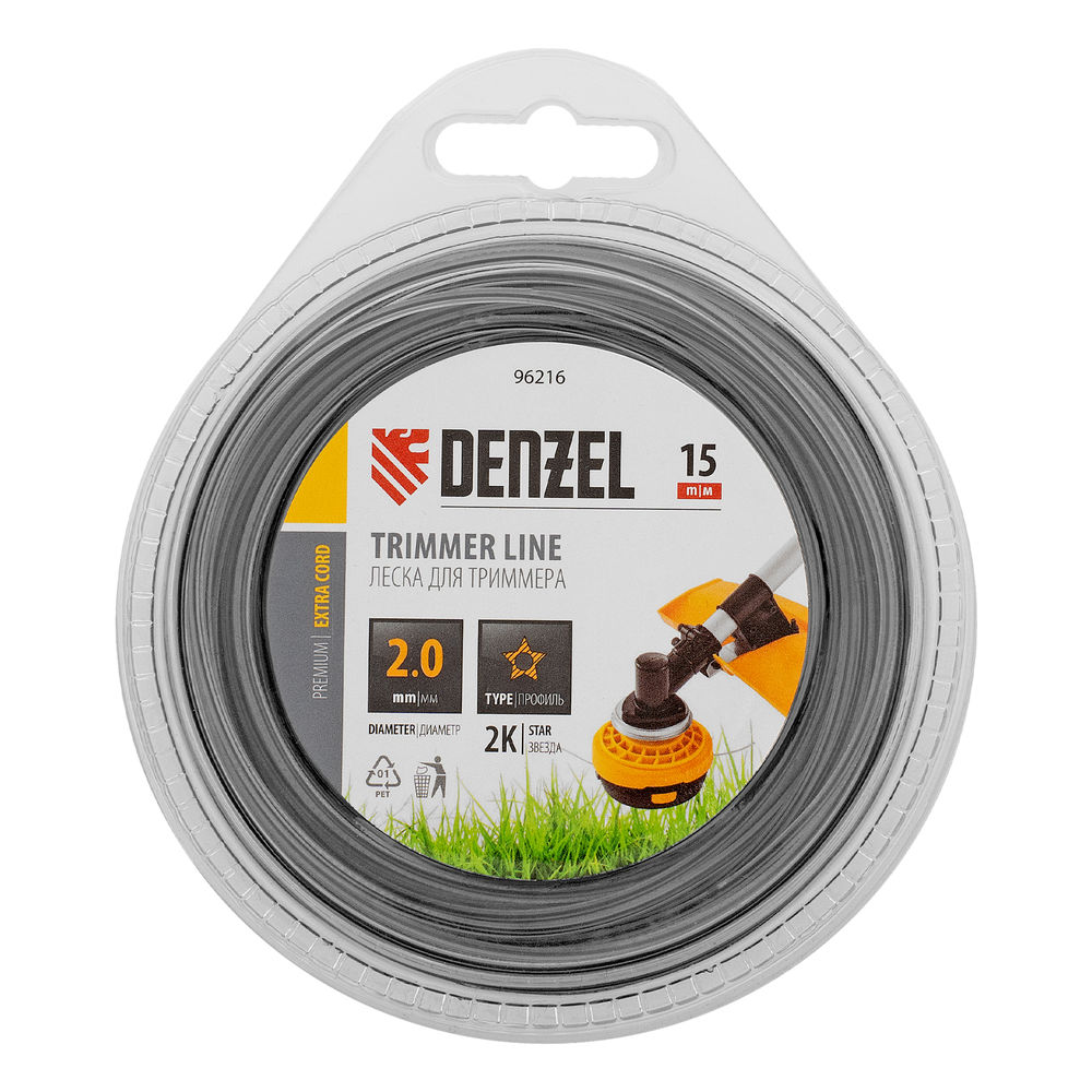 Леска для триммера двухкомпонентная звезда, 2,0мм х 15м, FLEX CORD, DENZEL (96216)