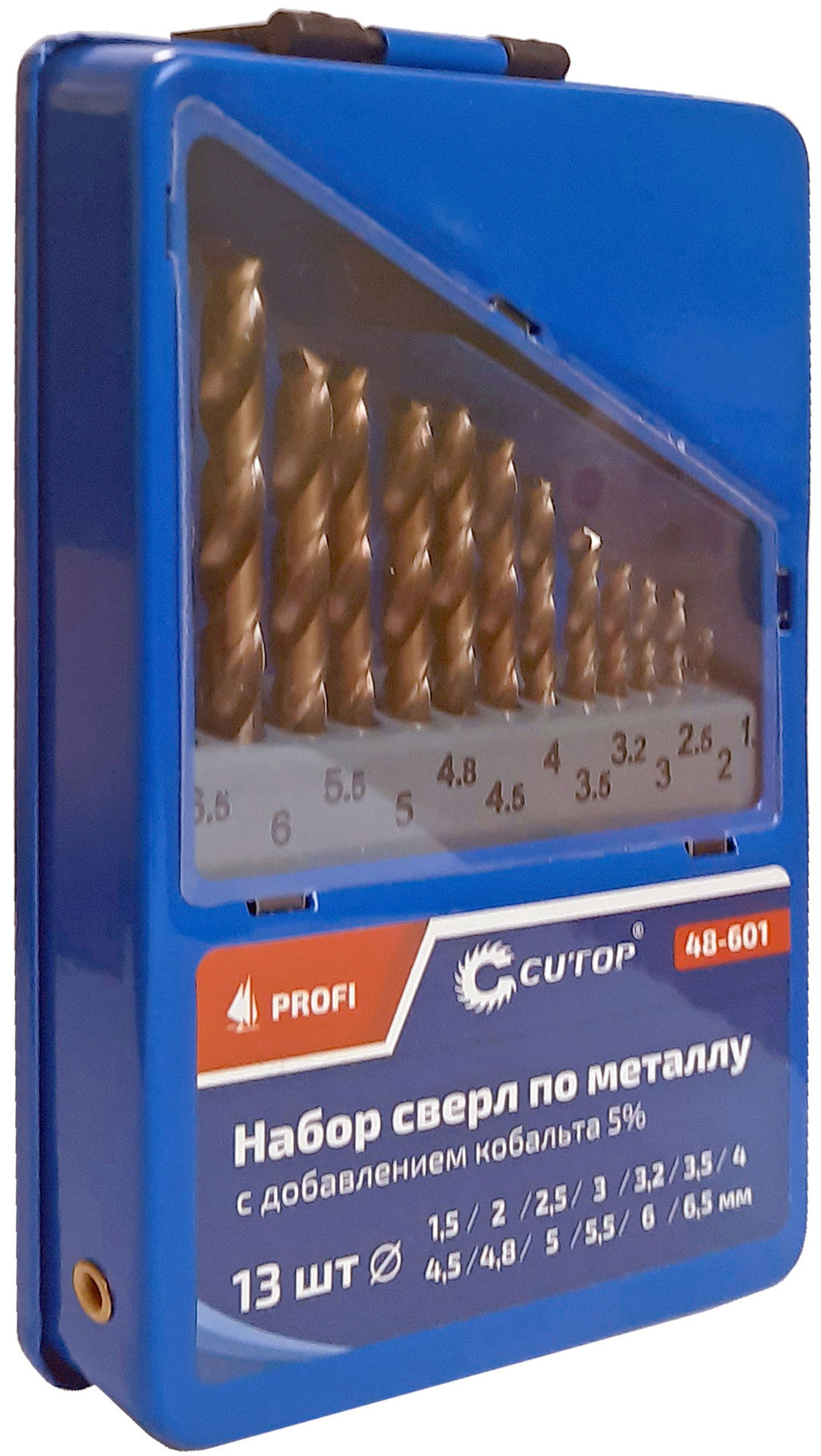 Набор сверл по металлу с кобальтом 5% в металлической коробке; 1,5-6,5 мм (через 0,5 мм + 3,2 мм; 4,8 мм), 13 шт., Cutop Profi (48-601)