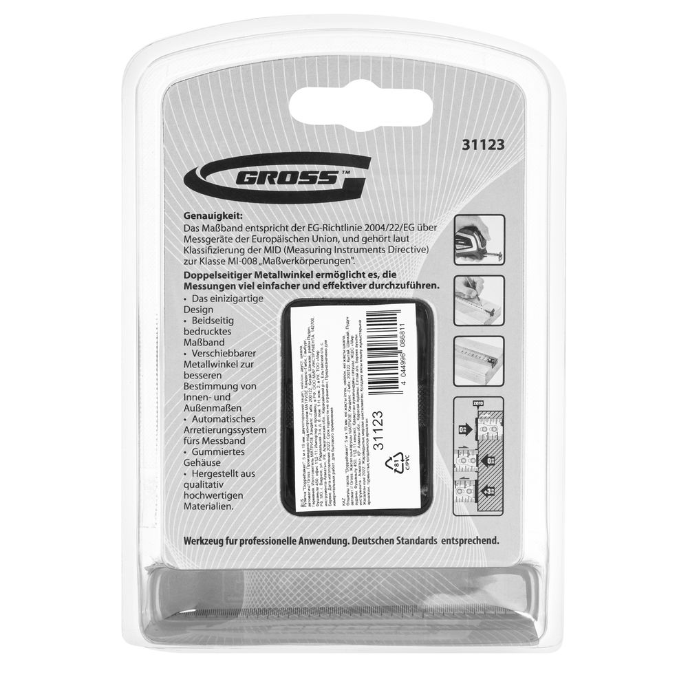 Рулетка Doppelhaken,5 м x 19 мм,двухсторонний зацеп,Нейлон,двусторонняя шкала,автоматическая фиксация Gross