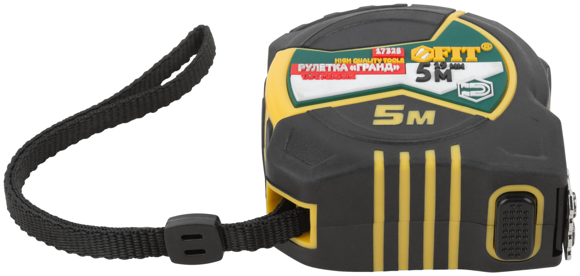 Рулетка Гранд, калибр.лента, нейлон.покр., магн.крючок, двойной стопор, прорезин.корпус 5 м х 19 мм