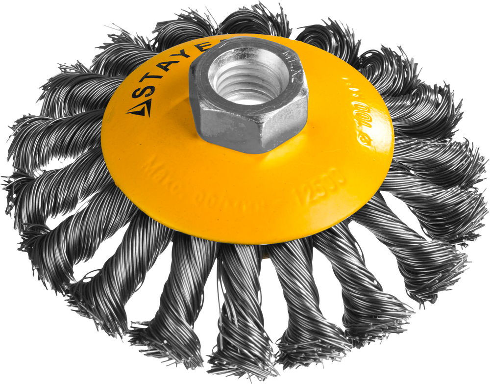 Щетка-крацовка коническая для УШМ 100 мм, жгутированная стальная проволока 0.5 мм Professional STAYER 35135-100