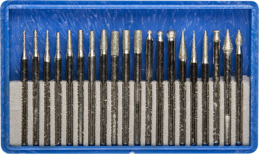 Набор алмазных мини-насадок для гравера 20 шт, хвостовик d 3 мм, Р 150–180 ЗУБР Профессионал 33383-H20