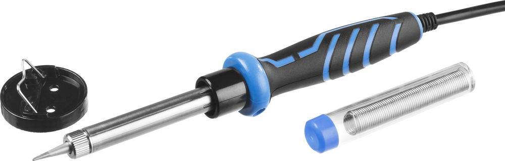 Паяльник электрический 60 Вт, в наборе: припой + подставка, 2к рукоятка, конус, керамический нагреватель ЗУБР Профессионал 55402-60_z01