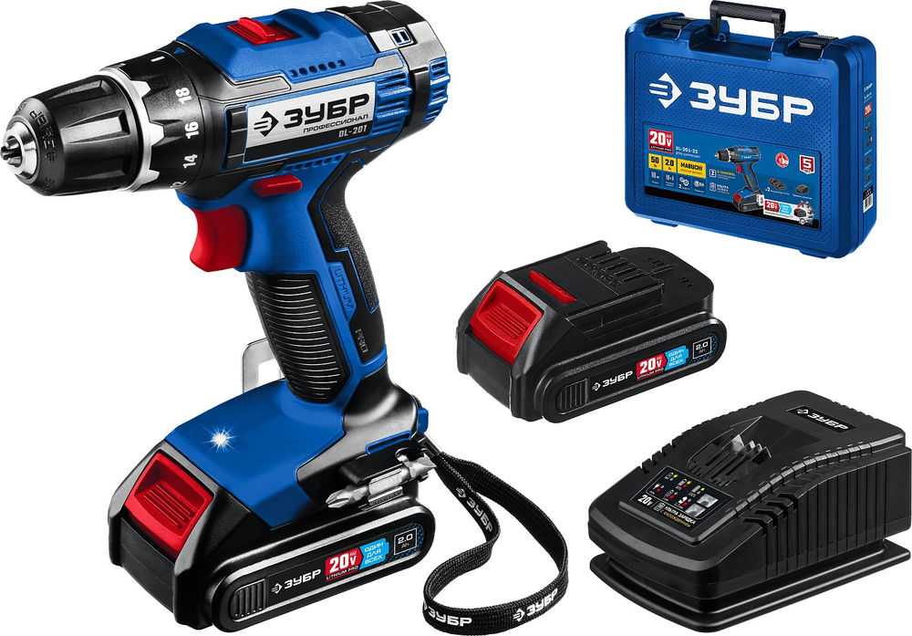 Дрель-шуруповерт 20 В 50 Н·м 2 АКБ 2 А·ч кейс Профессионал ЗУБР Т7 DL-201-22