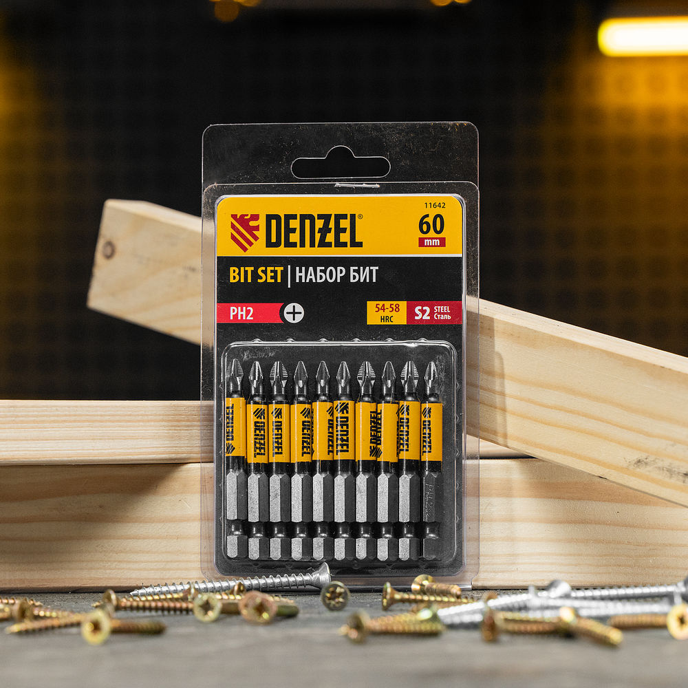 Бита PH2х60, сталь S2, цилиндр., 10 шт. Е 6,3 Denzel (11642)