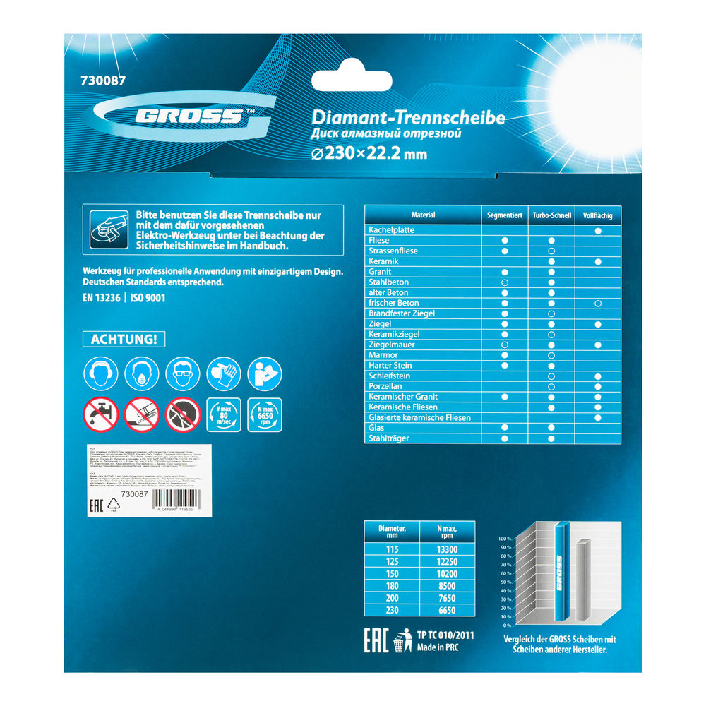 Диск алмазный, 230 х 22.2 мм, лазерная приварка турбо-сегментов, сухая резка Gross (730087)