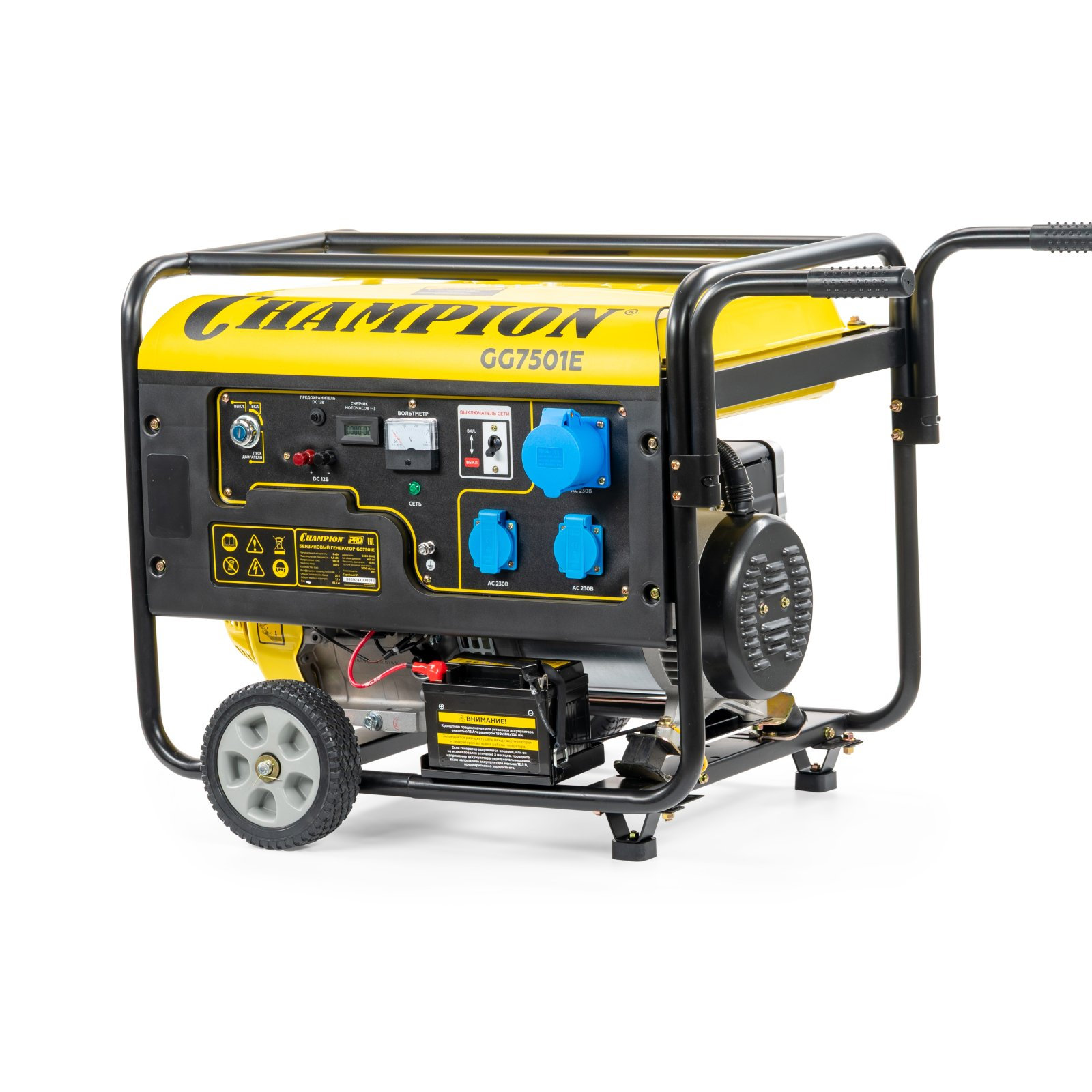 Генератор CHAMPION GG7501E (PRO 6/6,5кВт 15лс 25л 12В 83,3кг, эл.стартер, счетчик, колеса) (GG7501E)