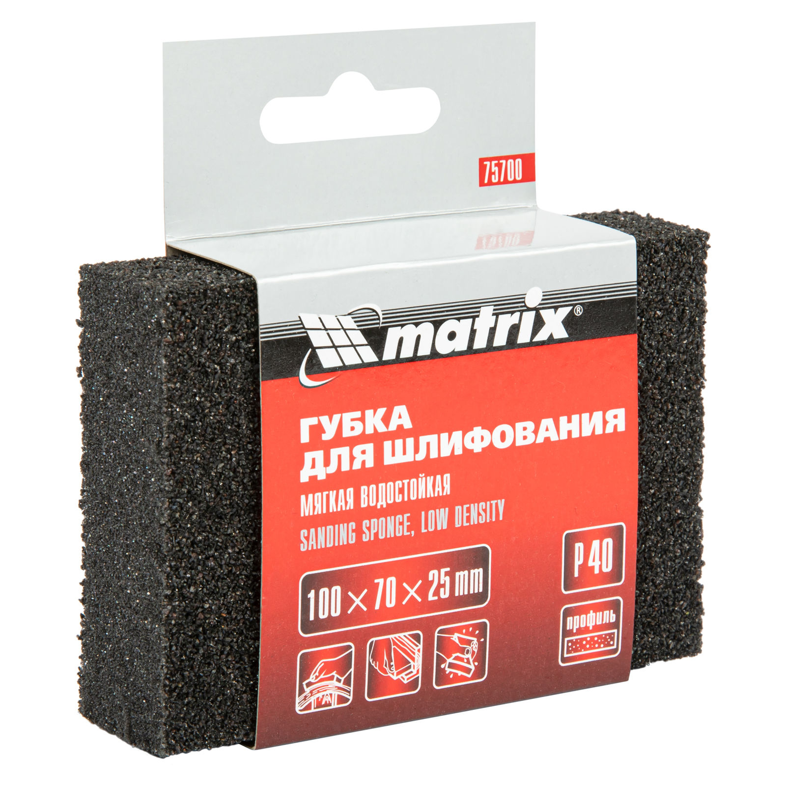 Губка для шлифования, 100 х 70 х 25 мм, мягкая, P 40 Matrix (75700)