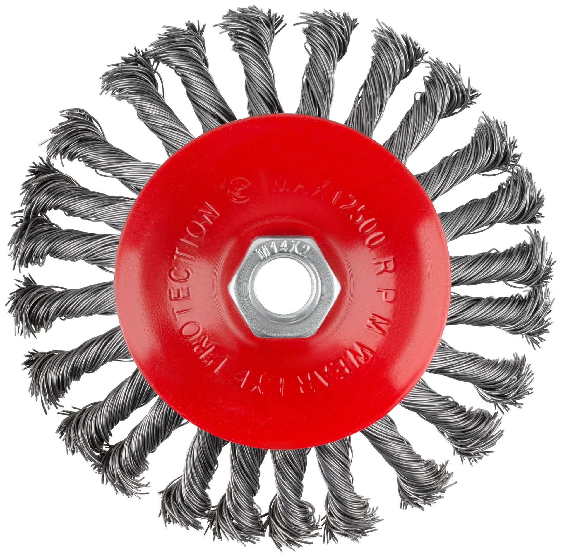 Корщетка-колесо с наклоном, гайка М14, стальная витая проволока 125 мм, блистер (39089)