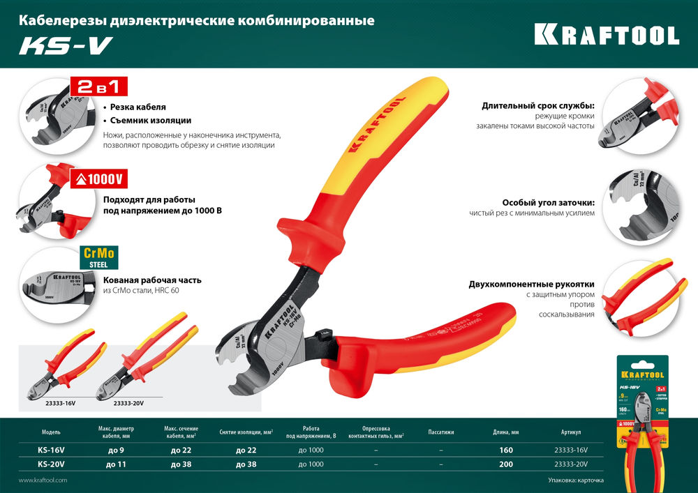 Диэлектрический кабелерез KS-16V, 1000 В, d 9 мм, 160 мм KRAFTOOL 23333-16V