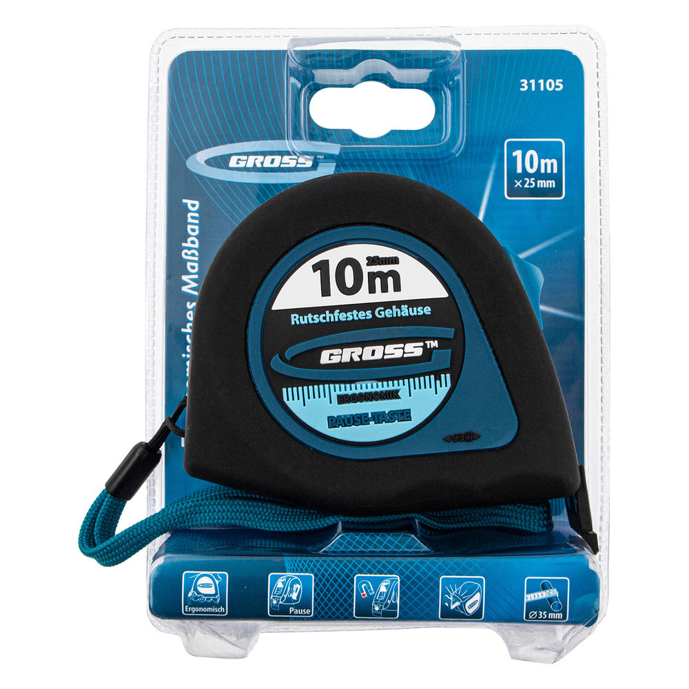 Рулетка Ergonomisch,10 м x 25 мм,магнитный обрезиненный зацеп Gross