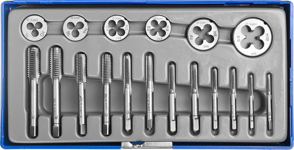 Набор метчиков и плашек 18 предм. сталь 9ХС в пластиковом боксе ЗУБР 28120-H18