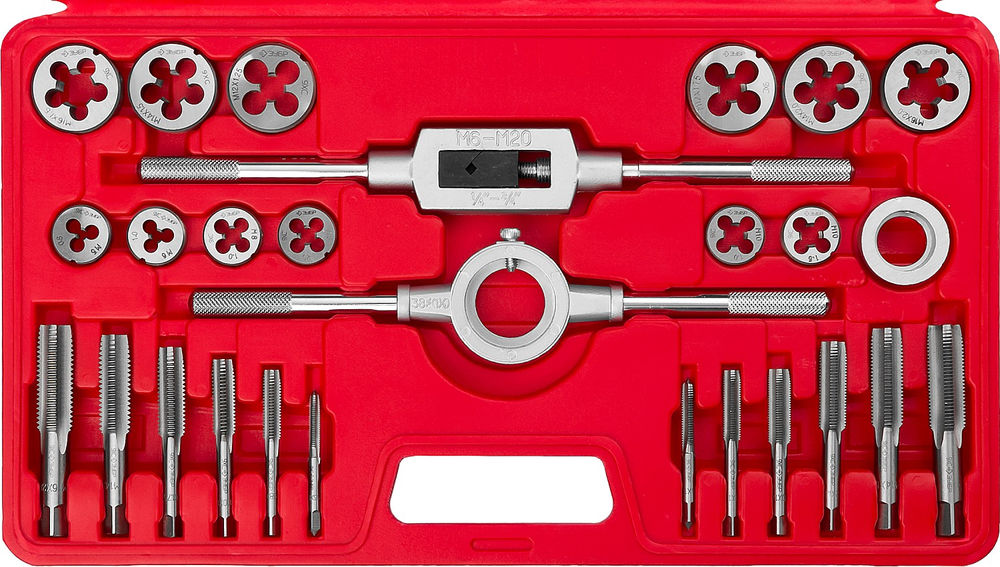 Набор метчиков и плашек 27 предм. сталь 9ХС в пластиковом боксе ЗУБР 28123-H27