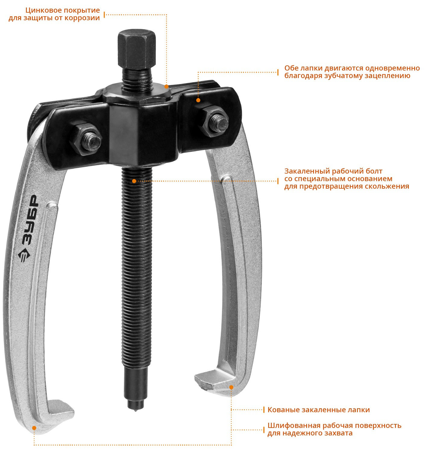 ЗУБР d 50 - 200 мм, шарнирный двухзахватный съемник с серповидными захватами, Профессионал (43322-160)