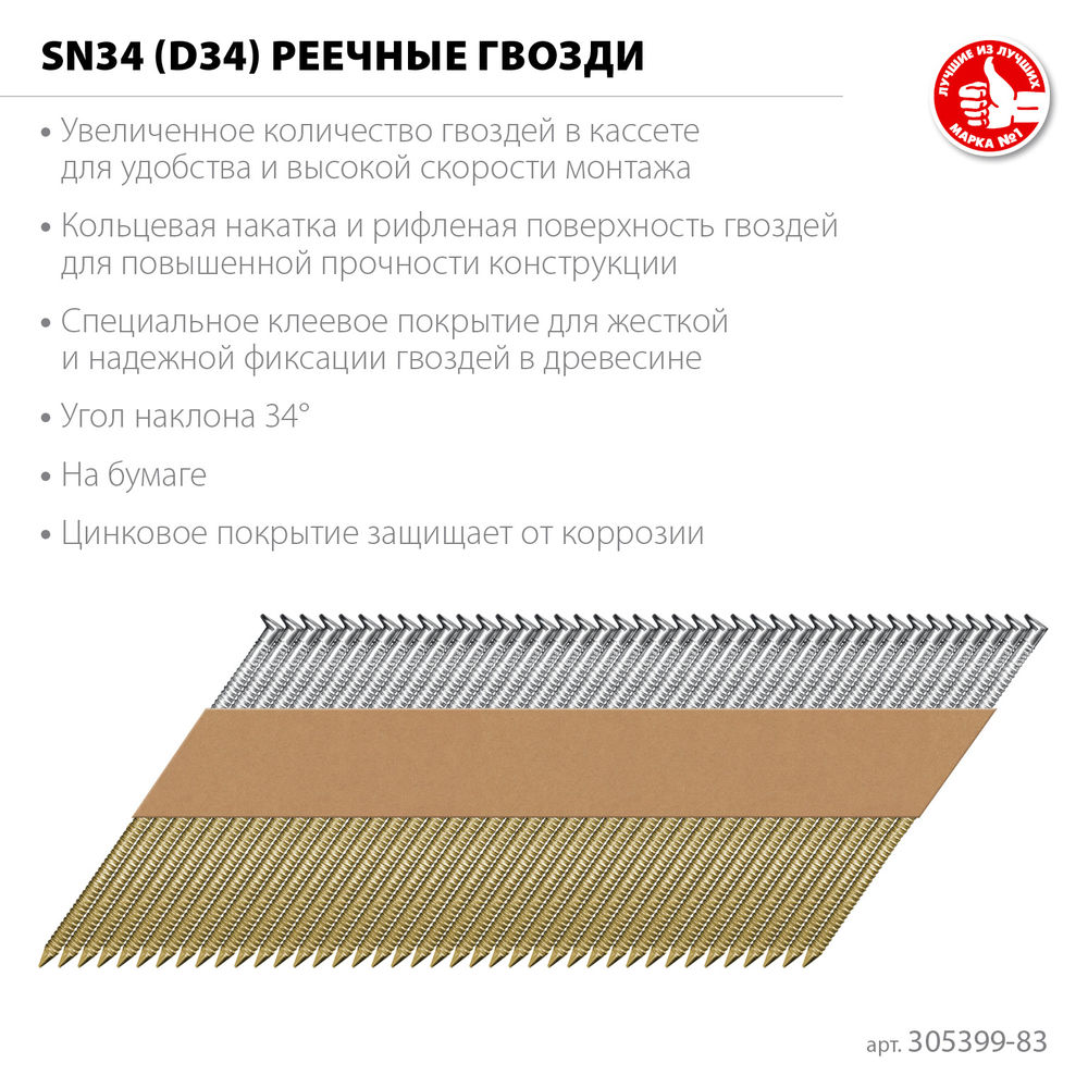 Гвозди реечные рифленые оцинкованные SN34 (D34) 83 x 3.1 мм, 3000 шт ЗУБР 305399-83