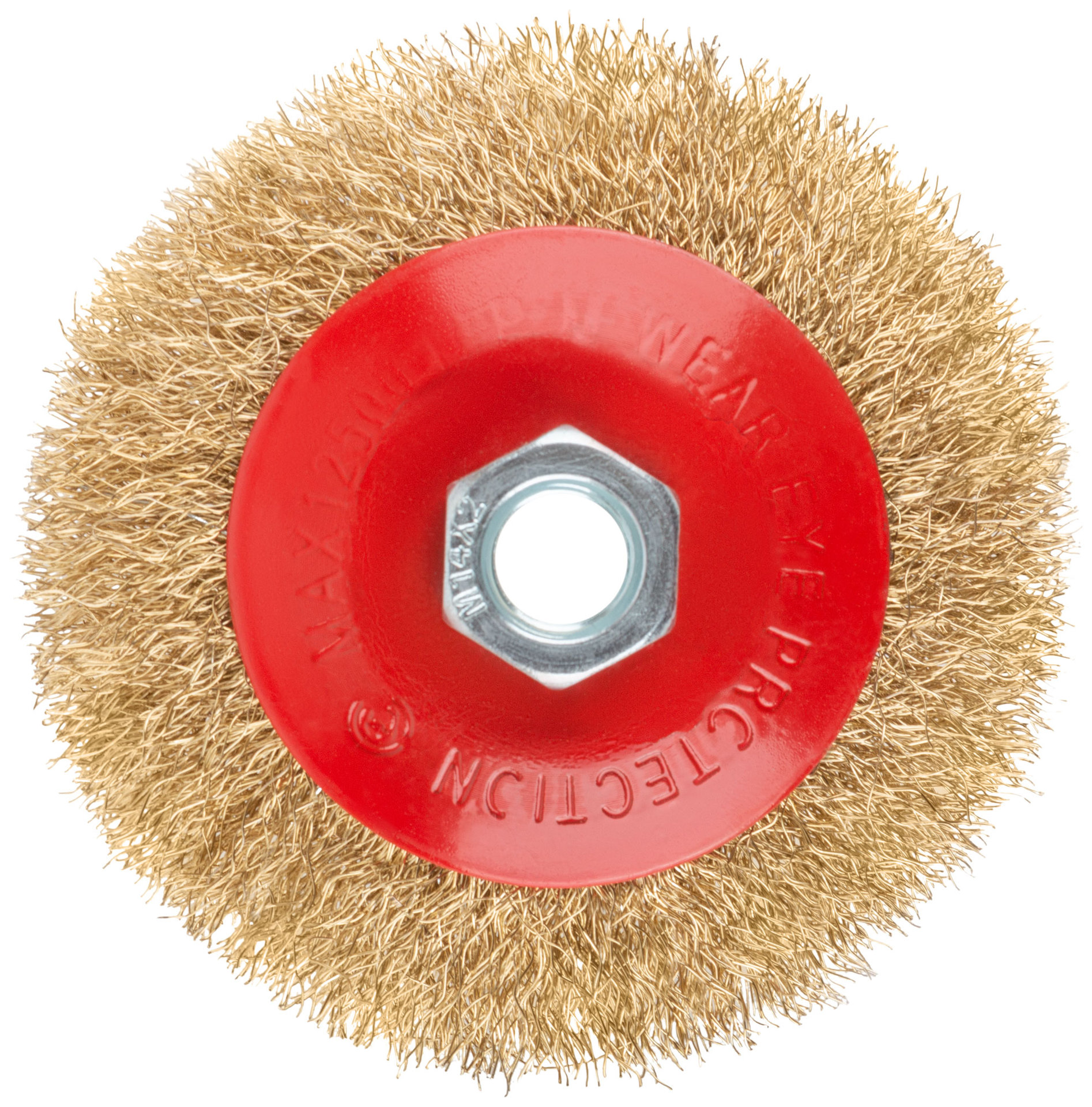 Корщетка-колесо с наклоном, гайка М14, стальная волнистая латунированная проволока 100 мм (39021)