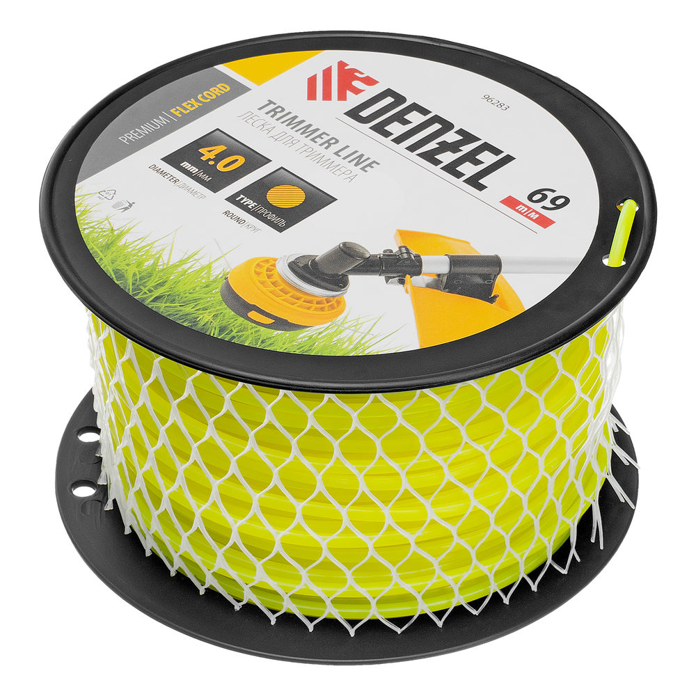 Леска для триммера круглая, 4,0мм х 69м, на DIN катушке FLEX CORD, Denzel (96283)