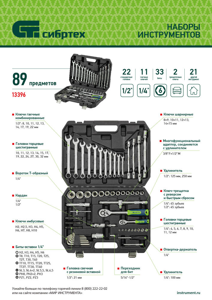 Набор инструментов, 1/2, 1/4, пластиковый кейс 89 предметов Сибртех