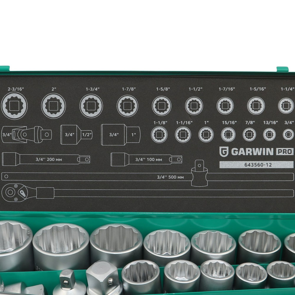 Набор торцевых головок дюймовых 3/4 12 гр., 3/4- 2, 23 пр., GARWIN PRO, 643560-12