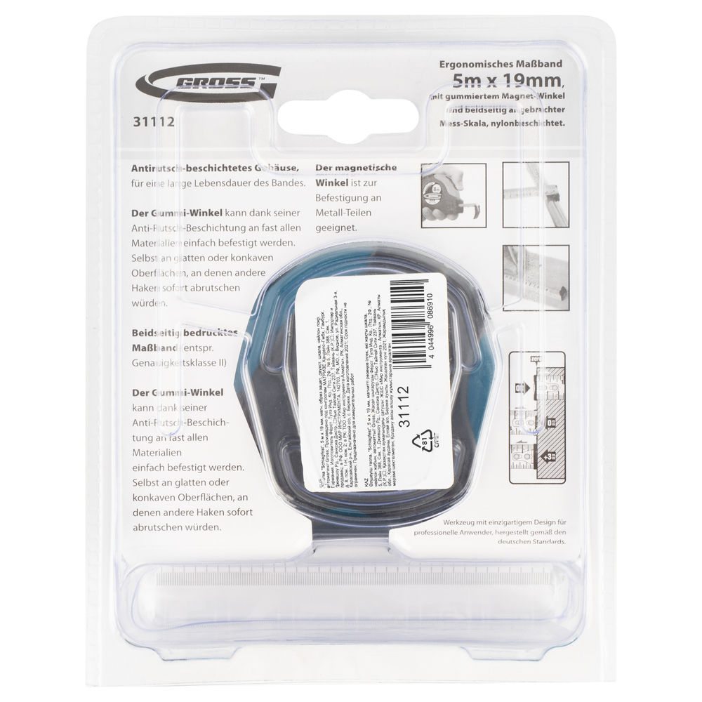 Рулетка Schlagfest,5 м x 19 мм,магнитный обрезиненный зацеп,двусторонняя шкала,Нейлоновое покрытие,автоматическая фиксация Gross