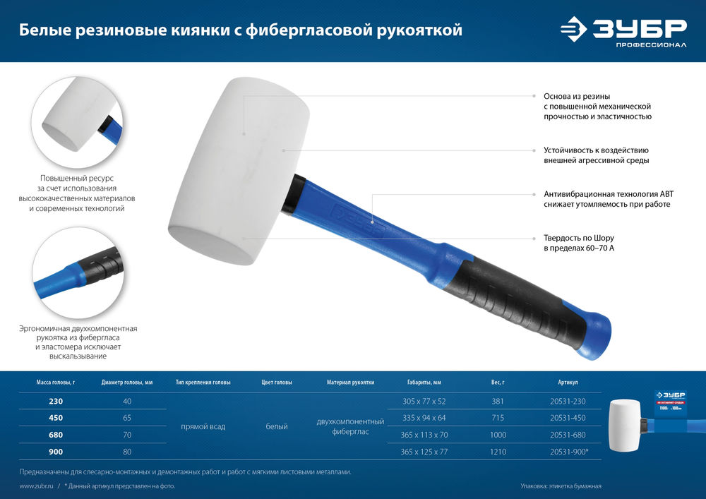 Киянка резиновая 680 г белая Профессионал ЗУБР 20531-680