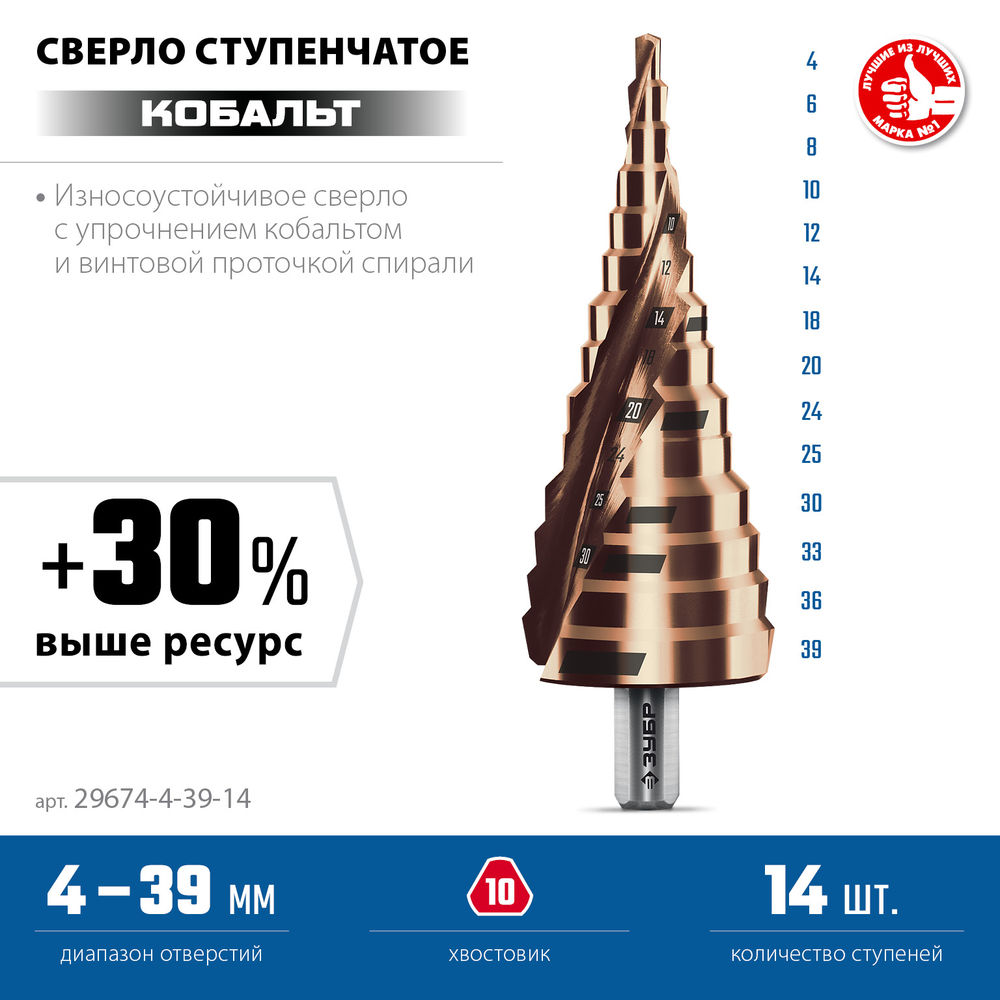 Сверло ступенчатое 4-39 мм, 14 ступеней, винтовая проточка КОБАЛЬТ ЗУБР Профессионал 29674-4-39-14