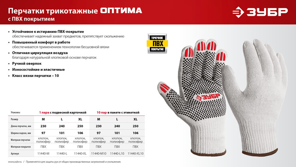 Перчатки х/б ОПТИМА, M (8), с ПВХ покрытием (точка), 10 класс ЗУБР 11440-M