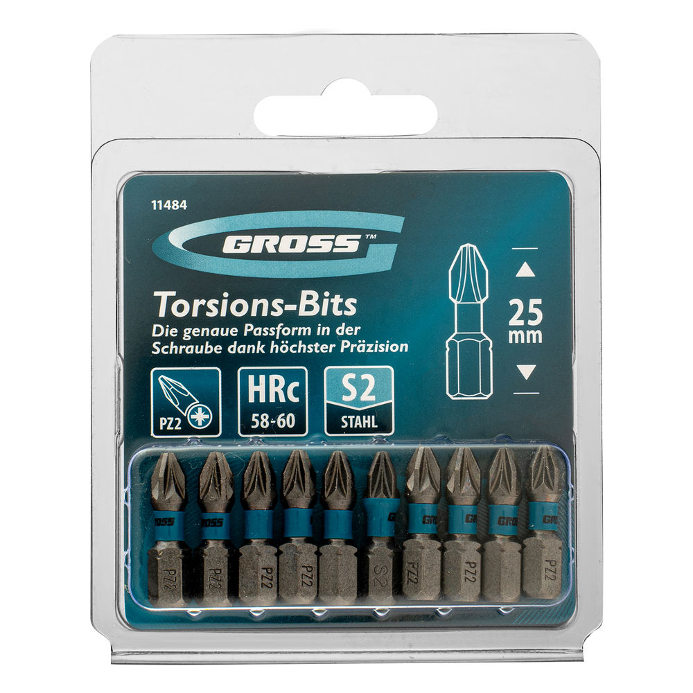 Бита торсионная PZ2 x 25 мм, для ударных шуруповертов, 10 шт. Gross (11484)