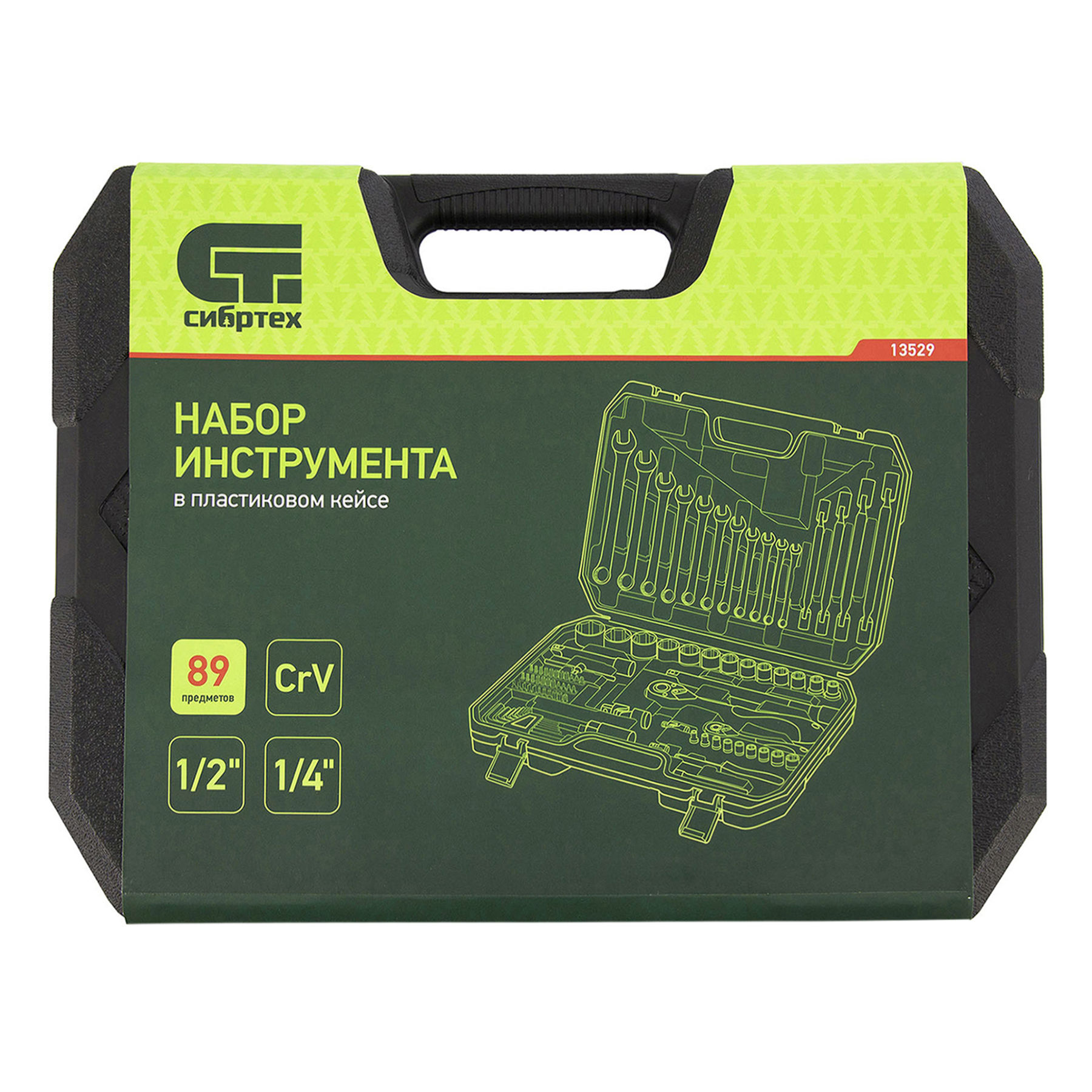 Набор инструментов 89 предметов, CrV 1/2, 1/4 Сибртех (13529)