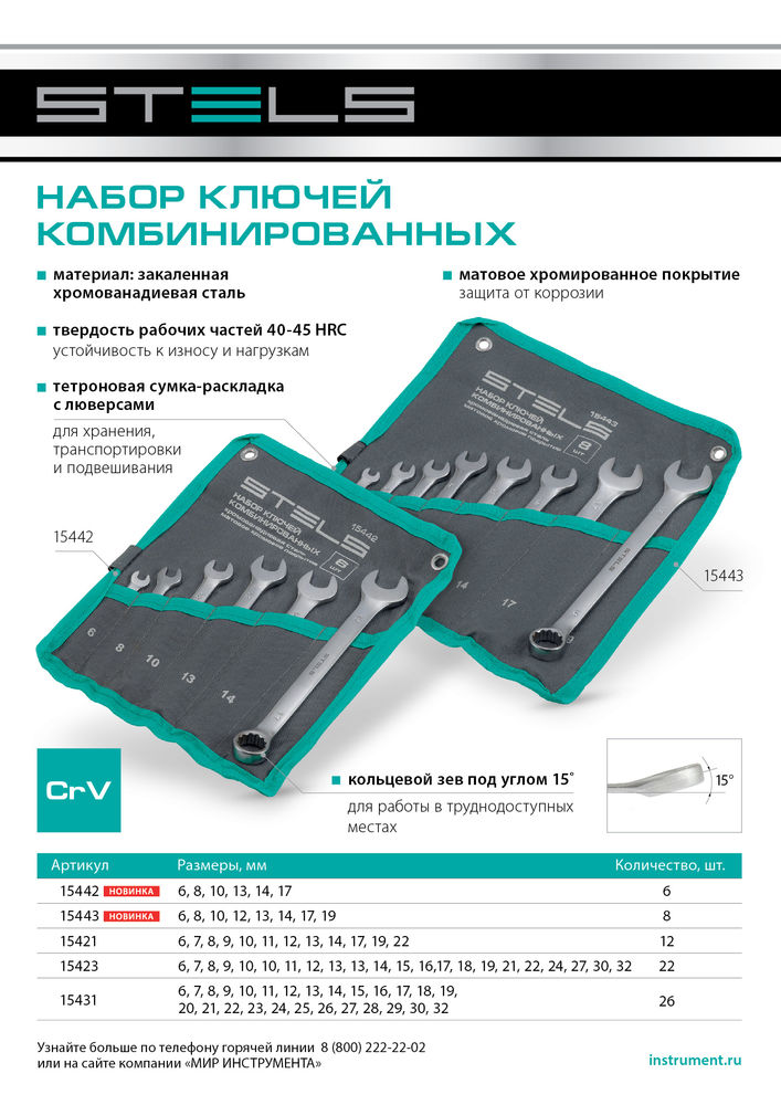 Набор ключей комбинированных 6-17 мм, 6 шт., CrV, матовый хром Stels (15442)