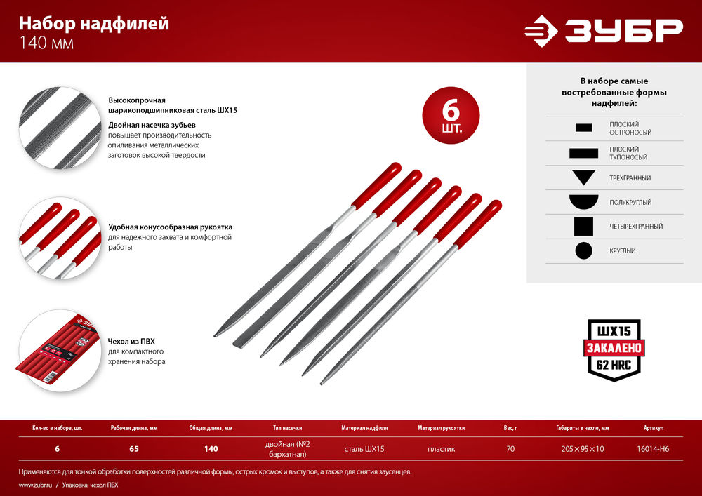 Набор надфилей 6 шт 140 мм в чехле с ручками ЗУБР 16014-H6