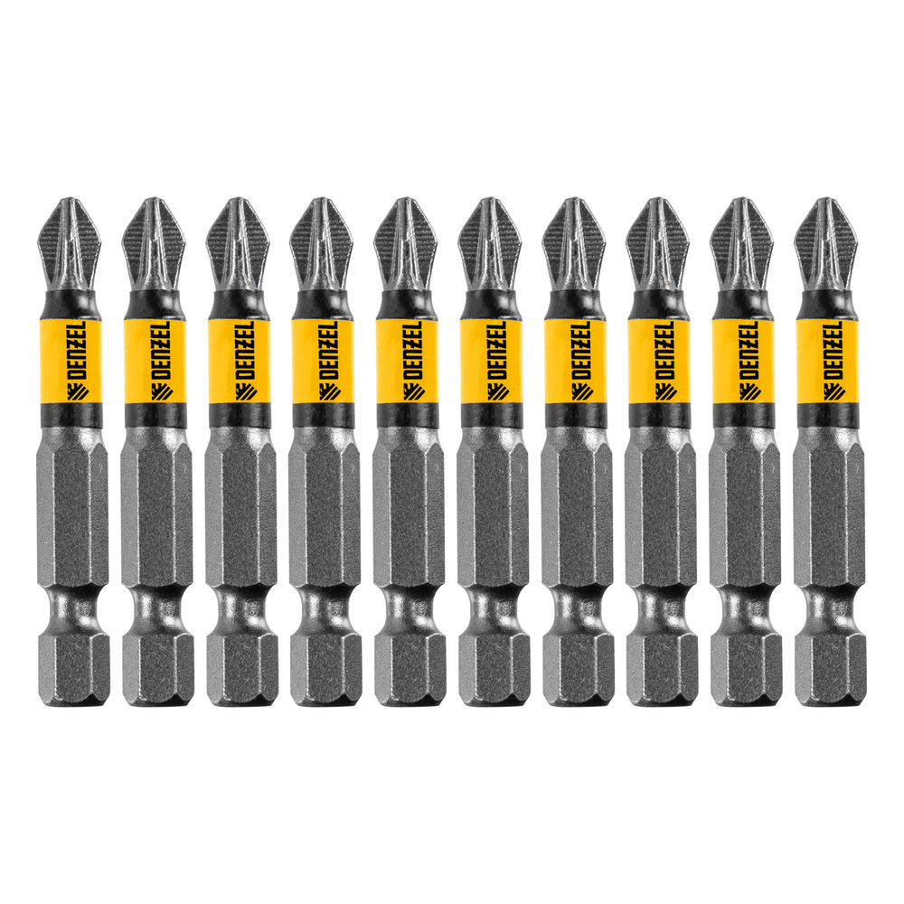 Бита PZ2х50, сталь легированная S2, 10 шт., круглый профиль, отрывная упаковка, , Е 6,3 Denzel (11680)
