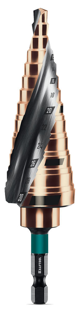 Сверло ступенчатое COBALT, 6–30 мм, 13 ступеней, азотирование, винтовая спираль KRAFTOOL 29691-6-30-13