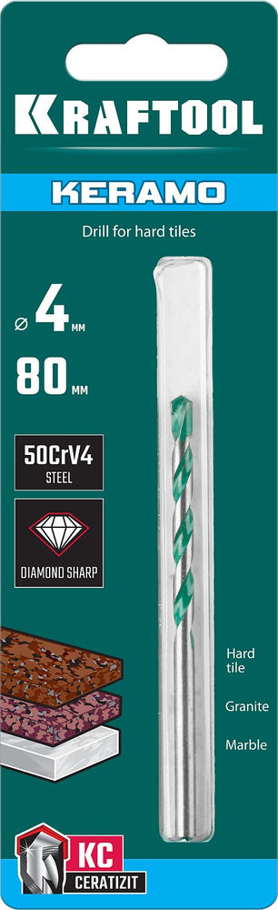 Сверло по керамограниту Keramo, 4 х 80 мм, тв.сплав КС KRAFTOOL 29175-080-4