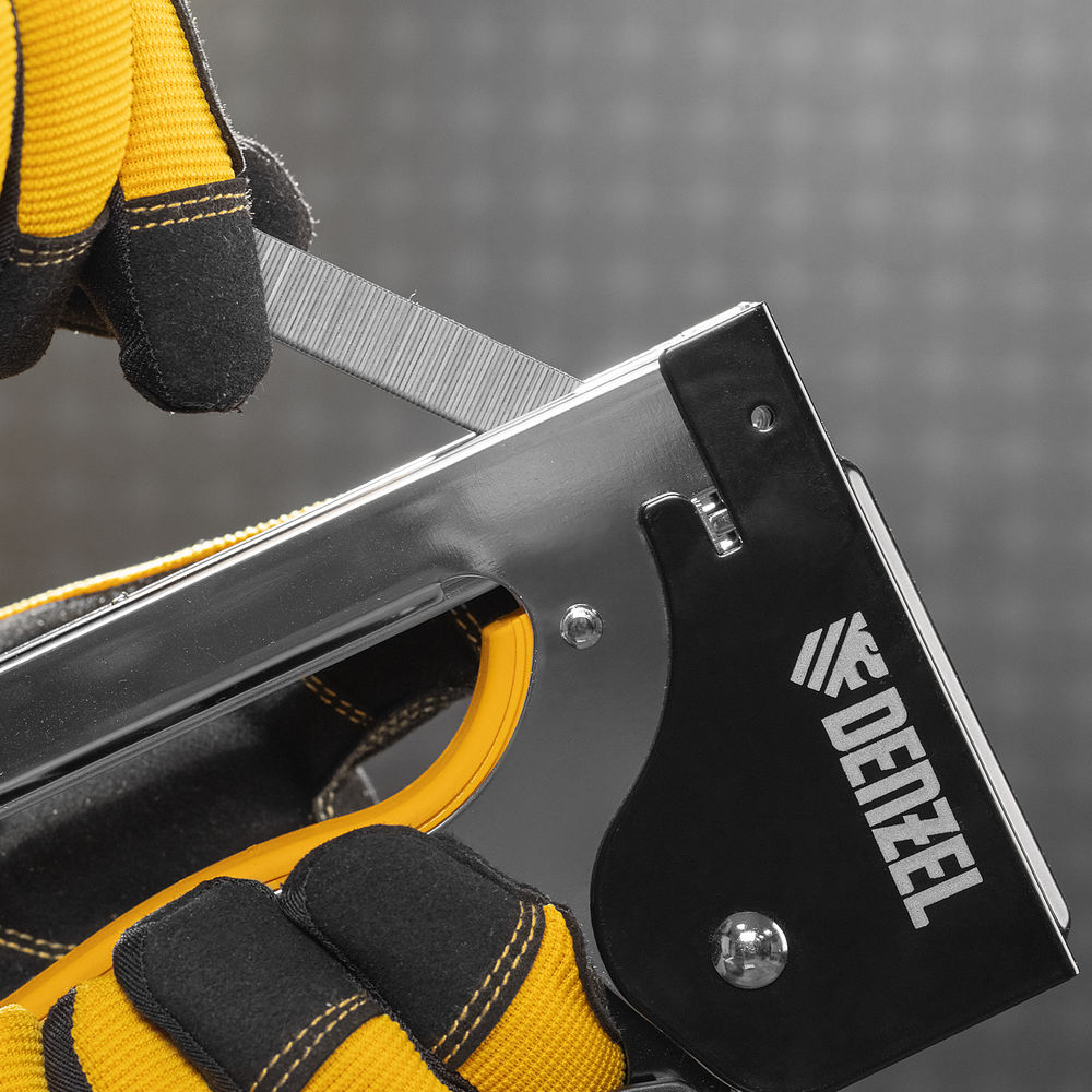 Степлер металл., скобы в комплекте, плавная регулировка удара, 2К рукоятка, тип 53, 4-14 мм Denzel (40223)