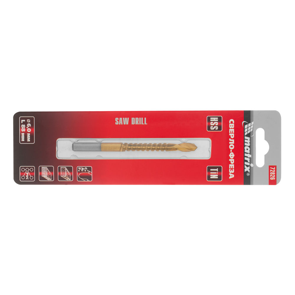 Сверло-фреза, 6 мм, универсальное, нитридтитановое покрытие, цилиндрический хвостовик Matrix (72826)