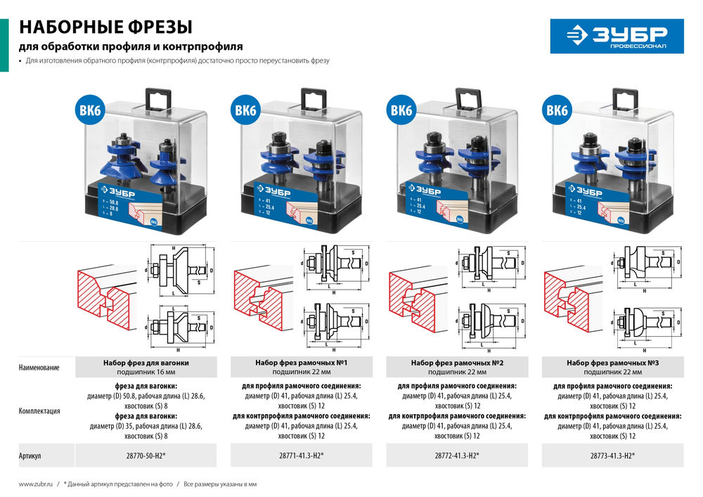 Набор фрез 50?30 мм для вагонки хвостовик 8 мм ЗУБР Профессионал 28770-50-H2