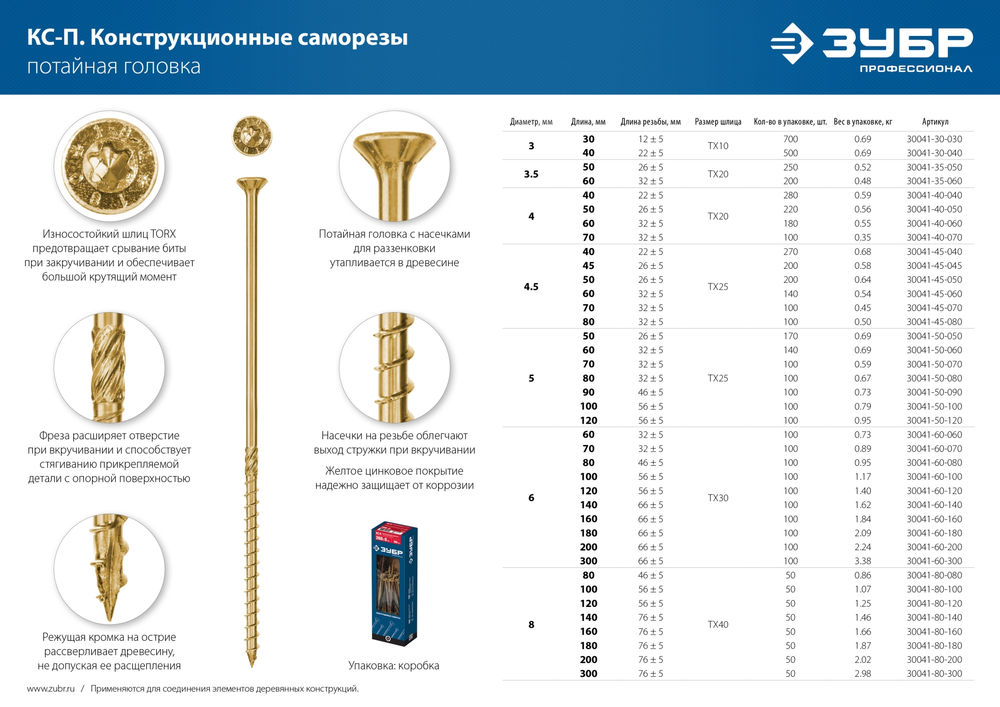Конструкционный саморез КС-П, 50 х 4.5 мм, TX25, потайная головка, желтый цинк, 200 шт ЗУБР Профессионал 30041-45-050