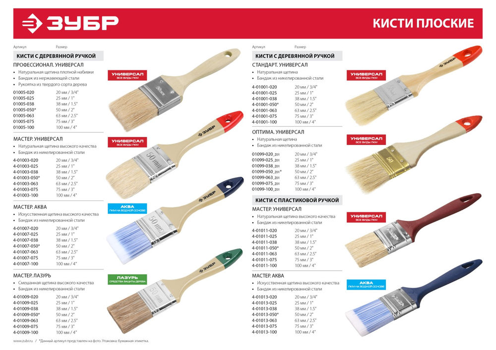 Кисть плоская 35 мм, 1.5, светлая натуральная щетина, деревянная ручка ЗУБР УНИВЕРСАЛ 01099-038_z01