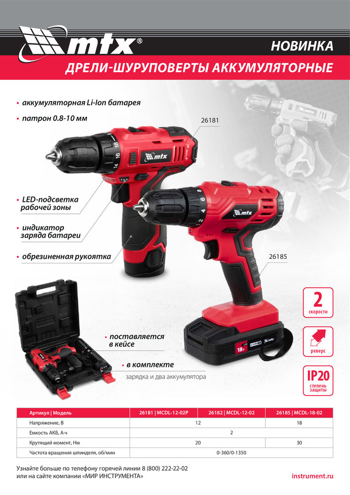 Дрель-шуруповерт аккумуляторная MCDL-12-02P, Li-Ion, 12 В, 2 акк. MTX (26181)