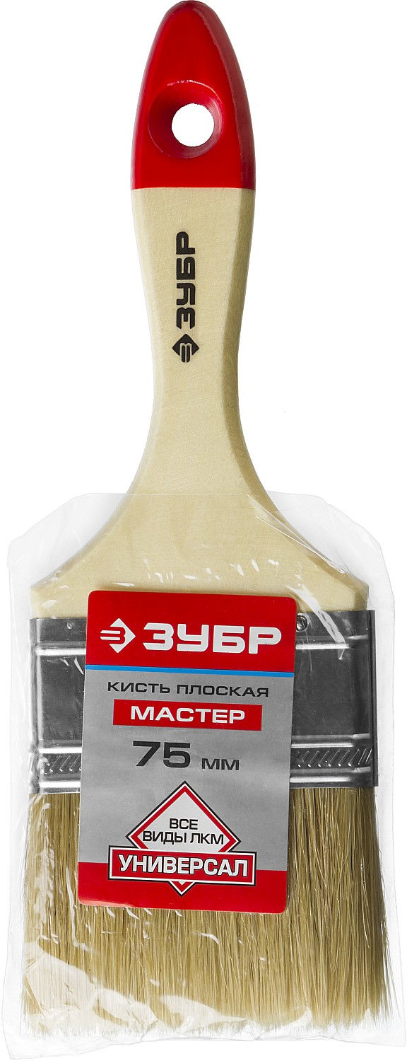 Кисть плоская 75 мм, 3, светлая натуральная щетина, деревянная ручка, все виды ЛКМ ЗУБР УНИВЕРСАЛ 4-01003-075